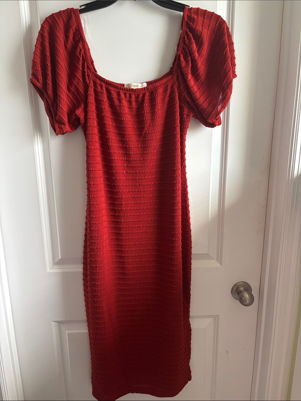Rewind Red Textured Square-Neck Midi with Puff Sleeves